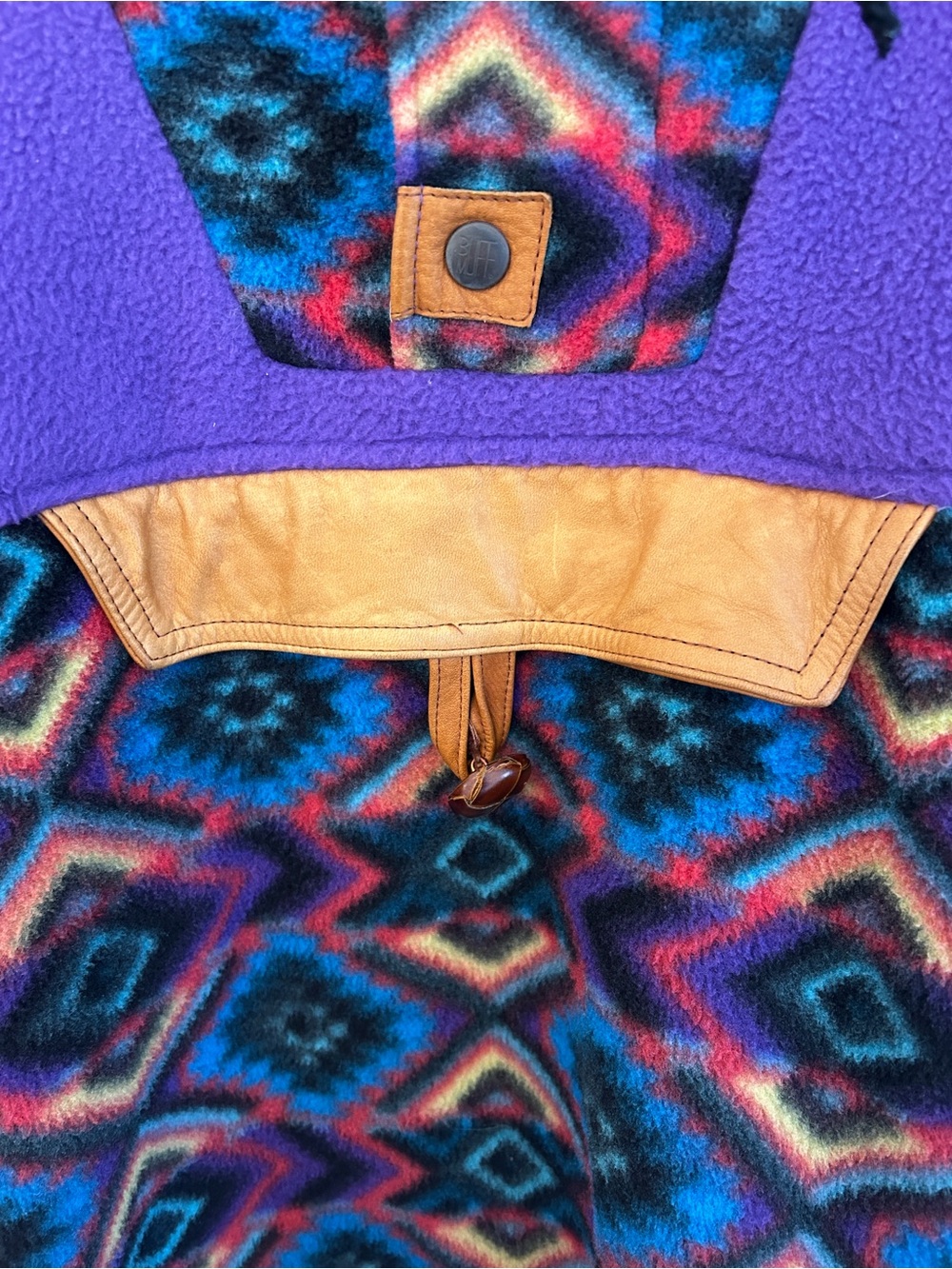 VINTAGE 90s Buff Muff Malden Polar Fleece Jacket Men's Medium Leather Colourful - Picture 4 of 7